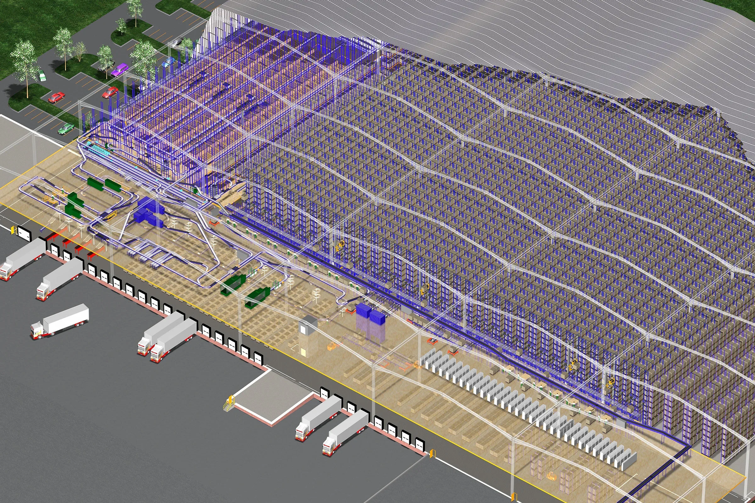 3D warehouse model with delivery trucks and conveyors.