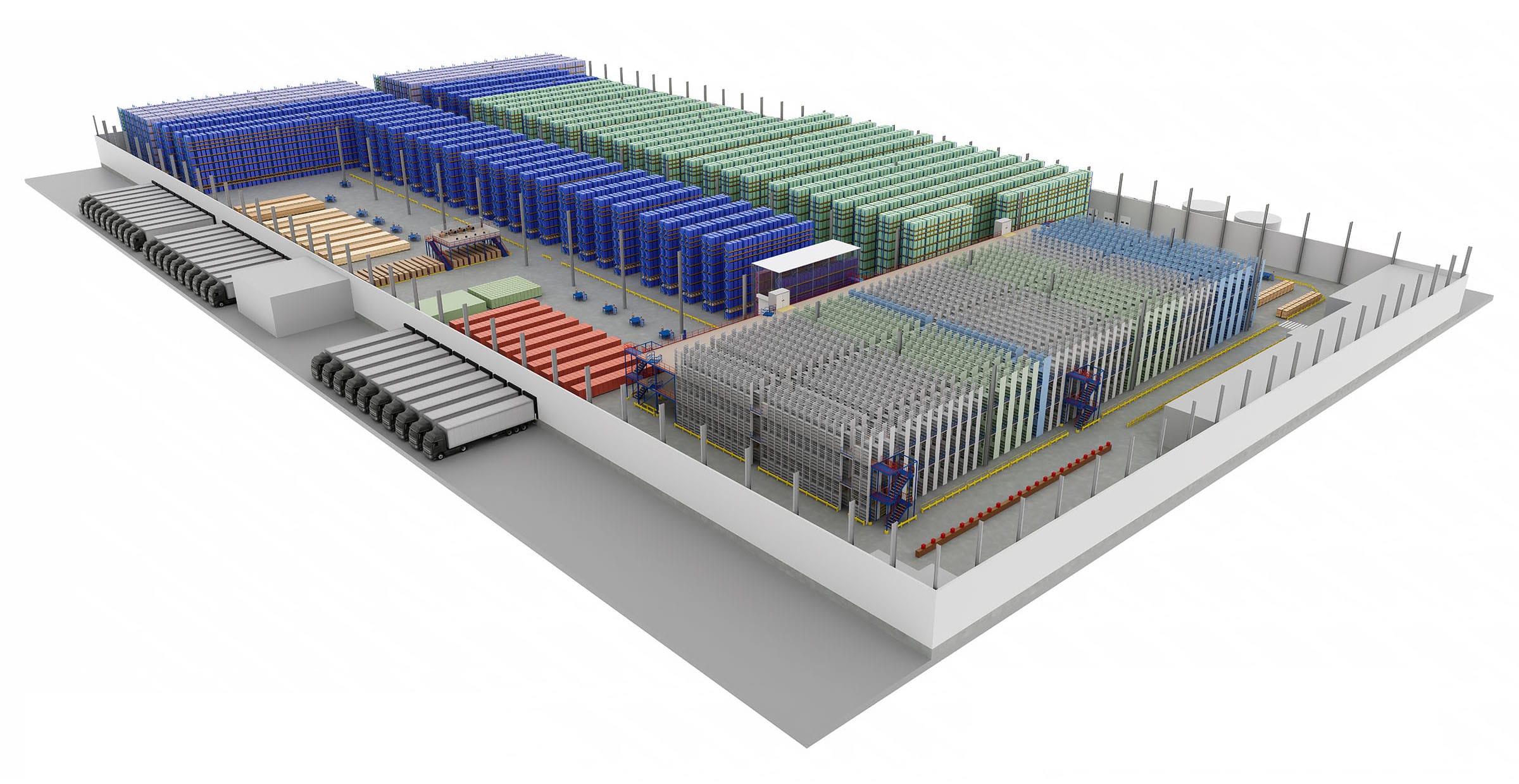 3D model of a large warehouse layout.