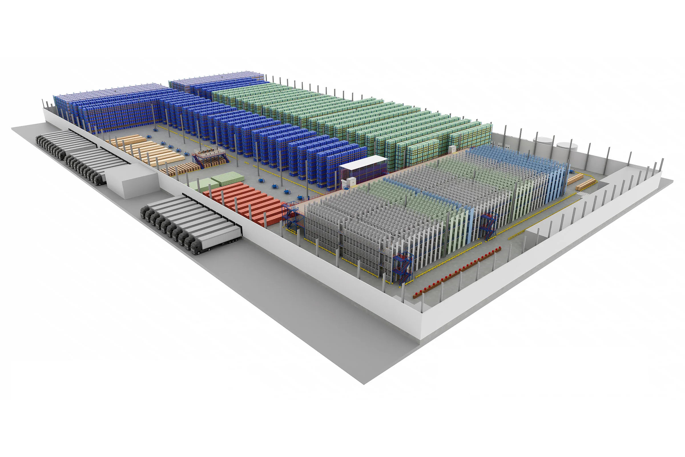 3D rendered warehouse layout with storage units