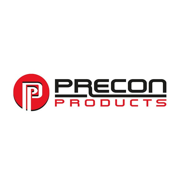 Precon Products logo, red and black design.